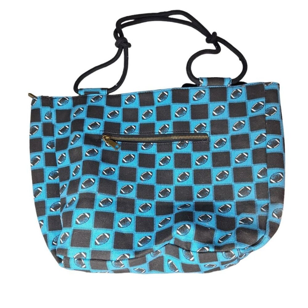 Football Tote Bag Purse Rope‎ Handles Canvas Blue Black Zipper Farmhouse Style